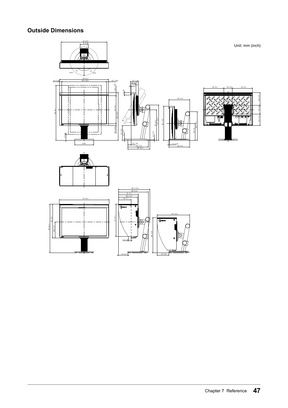 Outside dimensions, Chapter 7 reference, Unit: mm (inch) | Eizo COLOR EDGE CG245W User Manual | Page 47 / 66