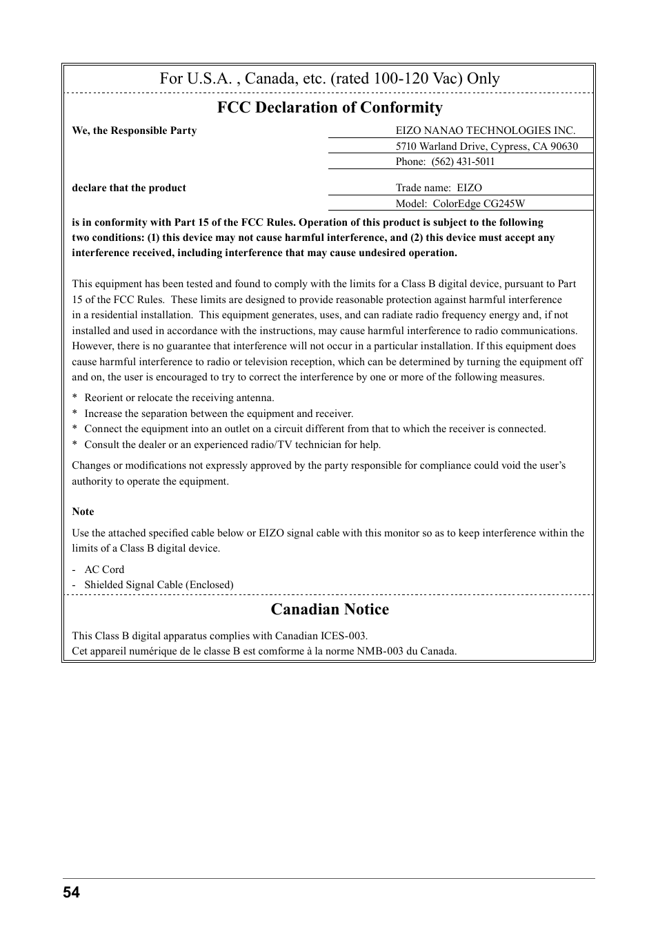 Fcc declaration of conformity, Canadian notice | Eizo COLOR EDGE CG245W User Manual | Page 54 / 66
