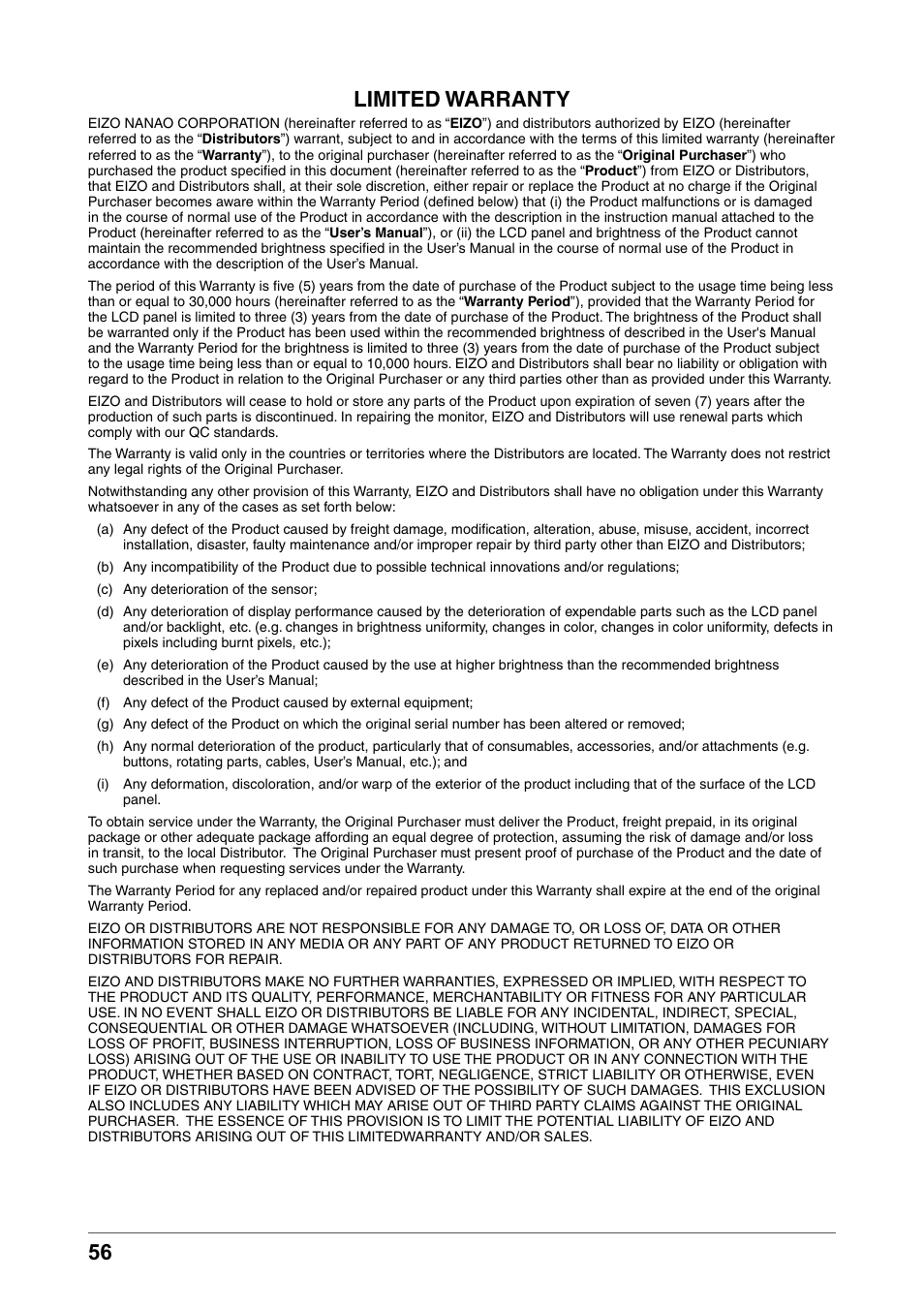 Limited warranty | Eizo COLOR EDGE CG245W User Manual | Page 56 / 66