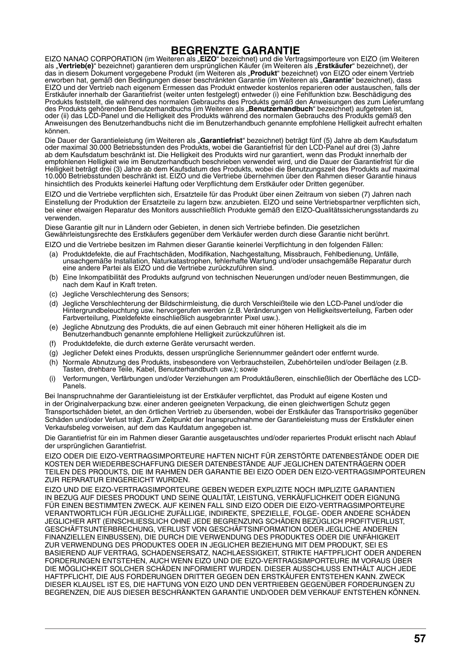 Begrenzte garantie | Eizo COLOR EDGE CG245W User Manual | Page 57 / 66