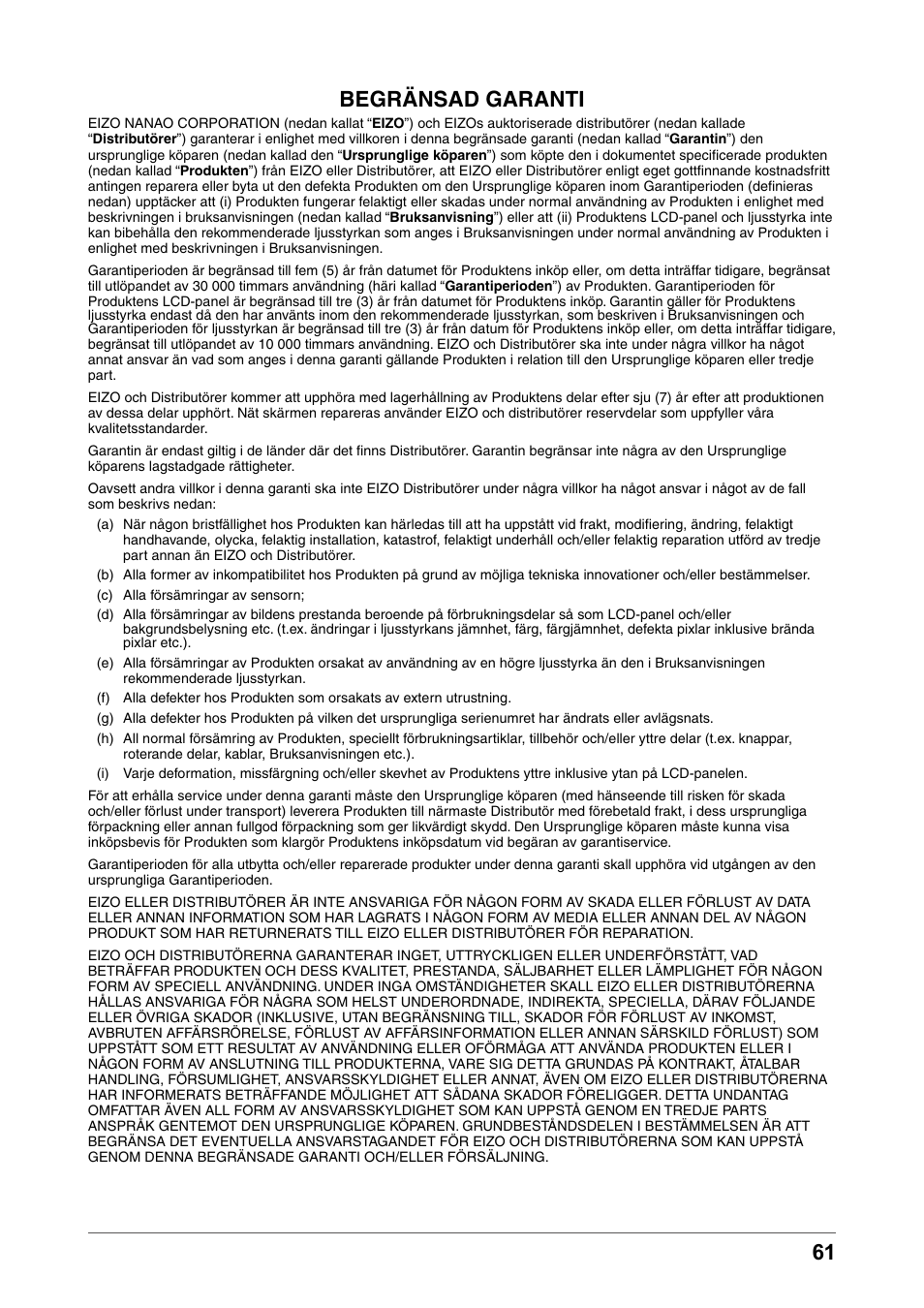 Begränsad garanti | Eizo COLOR EDGE CG245W User Manual | Page 61 / 66