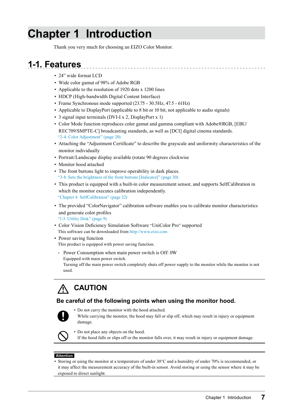 Chapter 1 introduction, 1. features, Caution | Eizo COLOR EDGE CG245W User Manual | Page 7 / 66