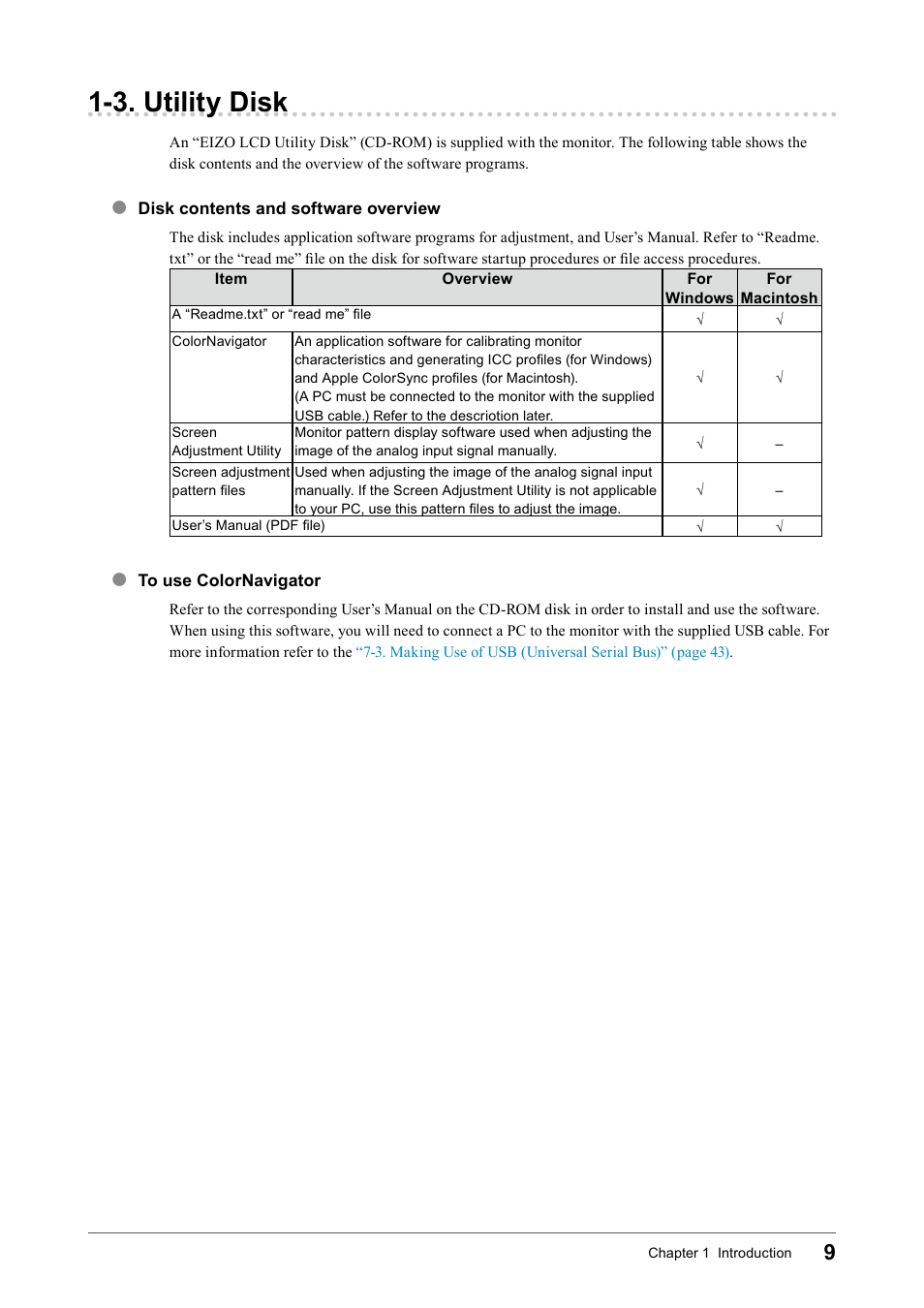 3. utility disk, Disk contents and software overview, To use colornavigator | Eizo COLOR EDGE CG245W User Manual | Page 9 / 66