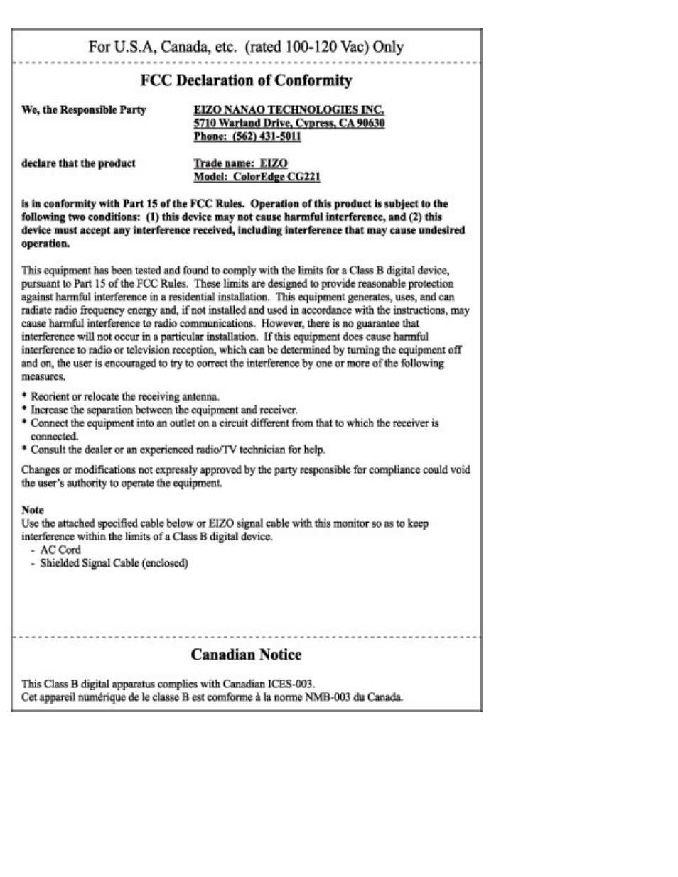 Coloredge cg221, Fcc declaration of, Conformity | Eizo CG221 User Manual | Page 57 / 60