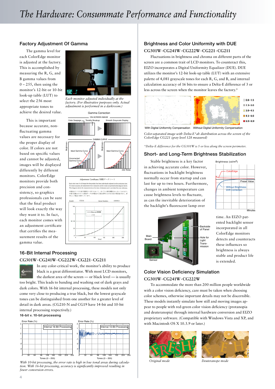 Factory adjustment of gamma, Bit internal processing, Brightness and color uniformity with due | Short- and long-term brightness stabilization, Color vision defi ciency simulation | Eizo ColorEdge CG222W User Manual | Page 4 / 8
