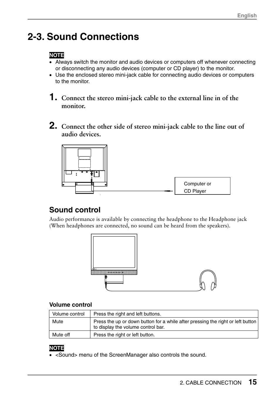 3. sound connections, Sound control | Eizo FlexScan L665 User Manual | Page 15 / 45