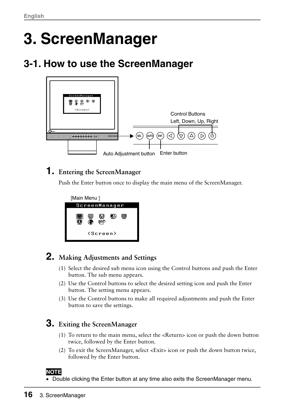 Screenmanager, 1. how to use the screenmanager | Eizo FlexScan L665 User Manual | Page 16 / 45