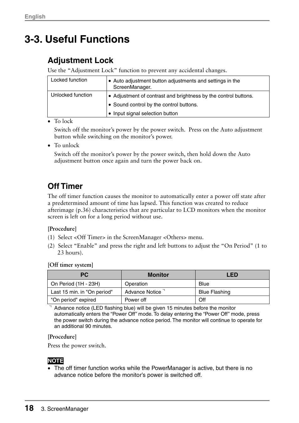 3. useful functions, Adjustment lock, Off timer | Eizo FlexScan L665 User Manual | Page 18 / 45