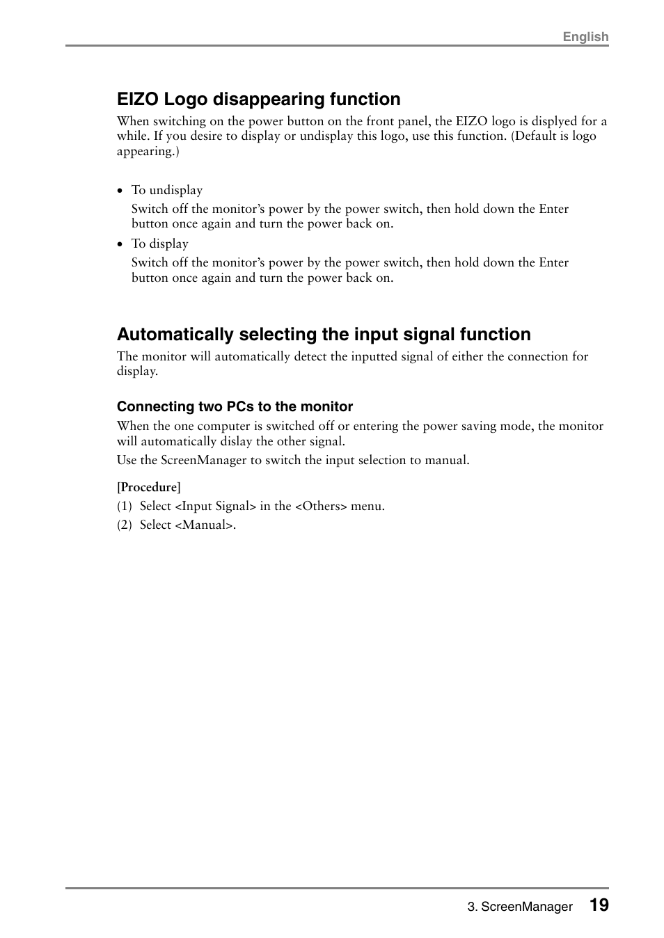 19 eizo logo disappearing function, Automatically selecting the input signal function | Eizo FlexScan L665 User Manual | Page 19 / 45