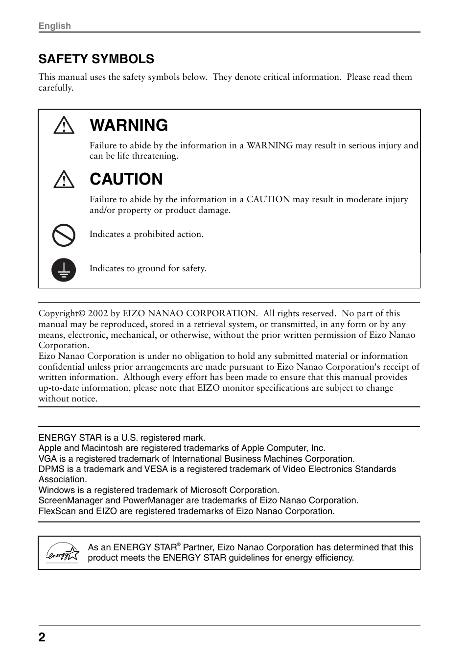 Safety symbols, Warning, Caution | Eizo FlexScan L665 User Manual | Page 2 / 45