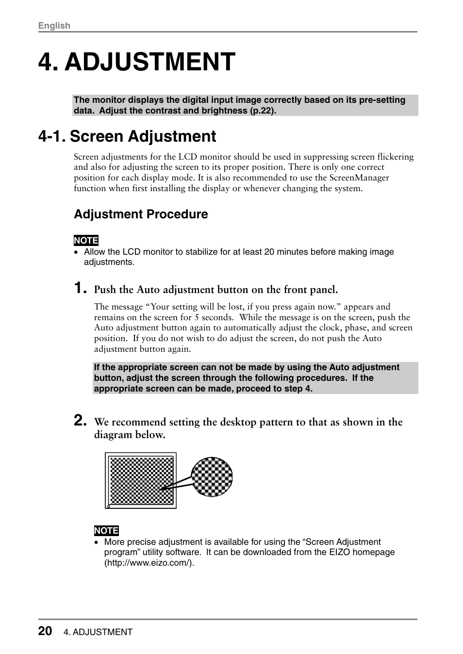 Adjustment, 1. screen adjustment | Eizo FlexScan L665 User Manual | Page 20 / 45