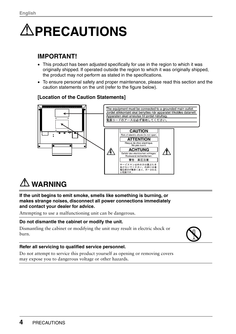 Precautions, Warning, Important | Eizo FlexScan L665 User Manual | Page 4 / 45