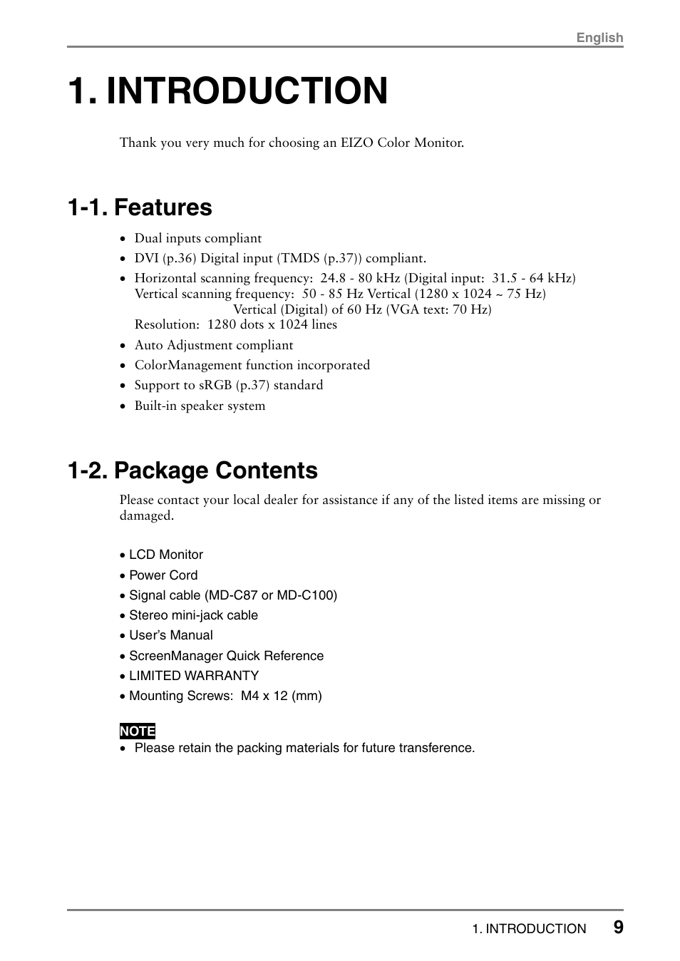 Introduction, 1. features, 2. package contents | Eizo FlexScan L665 User Manual | Page 9 / 45