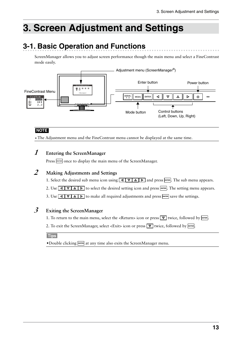 Screen adjustment and settings, 1. basic operation and functions, Basic operation and functions | Eizo COLOREDGE CG301W User Manual | Page 13 / 33