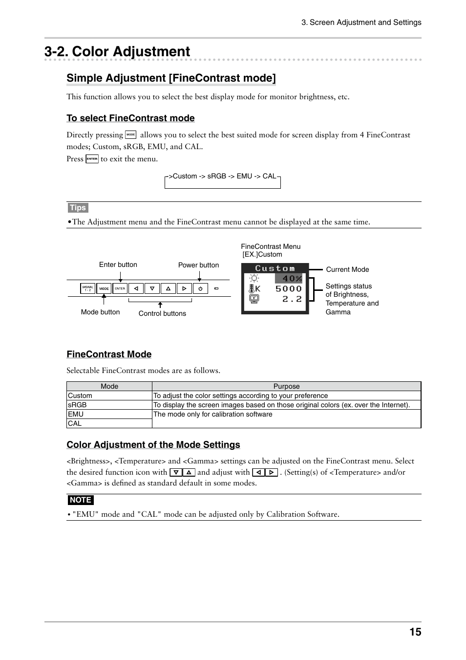 2. color adjustment, Color adjustment, Simple adjustment [finecontrast mode | Eizo COLOREDGE CG301W User Manual | Page 15 / 33