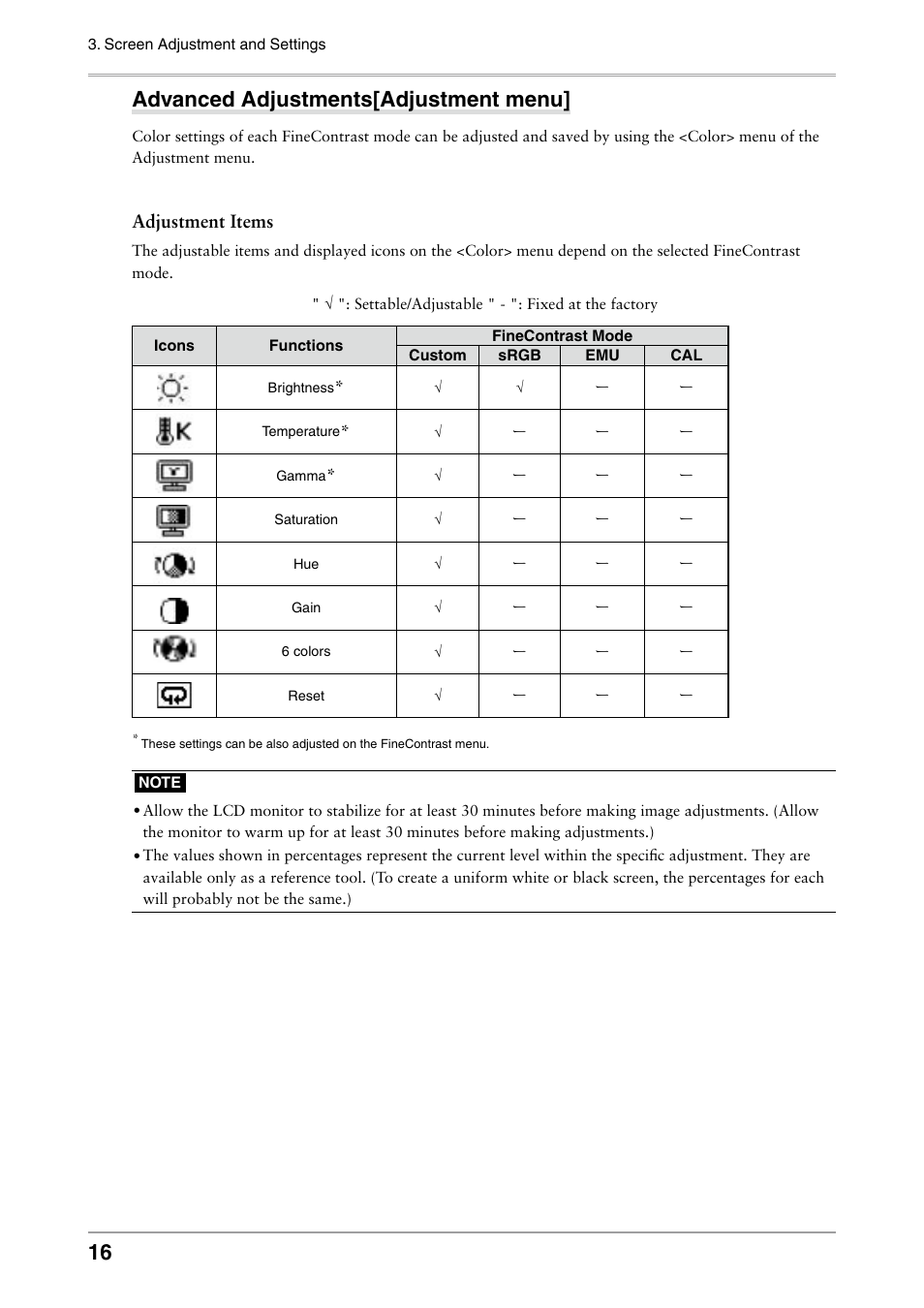 Advanced adjustments[adjustment menu, Adjustment items | Eizo COLOREDGE CG301W User Manual | Page 16 / 33