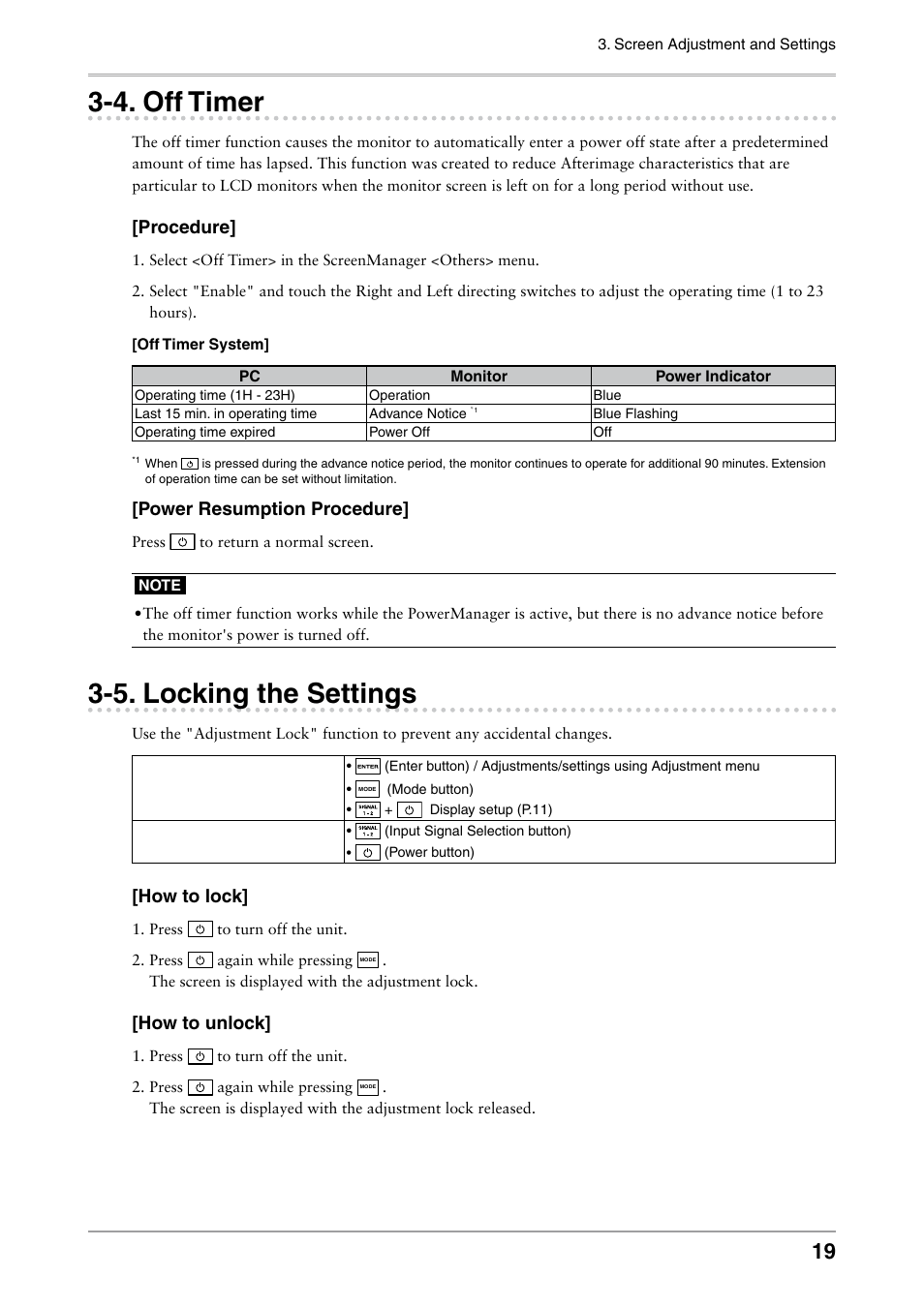 4. off timer, 5. locking the settings, 4. off timer 3-5. locking the settings | Off timer, Locking the settings, Procedure, Power resumption procedure, How to lock, How to unlock | Eizo COLOREDGE CG301W User Manual | Page 19 / 33