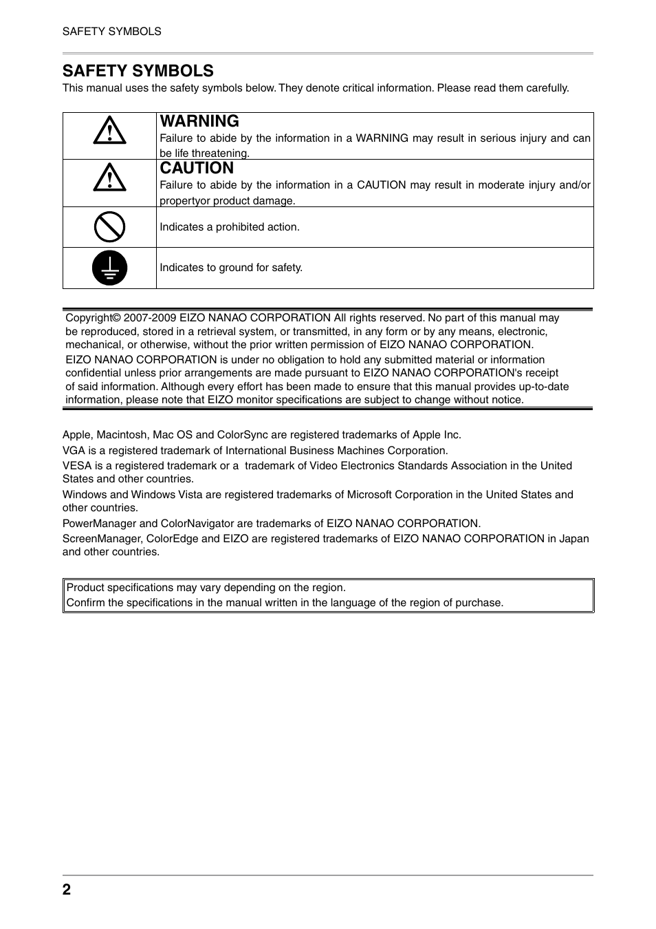 Safety symbols, Warning, Caution | Eizo COLOREDGE CG301W User Manual | Page 2 / 33