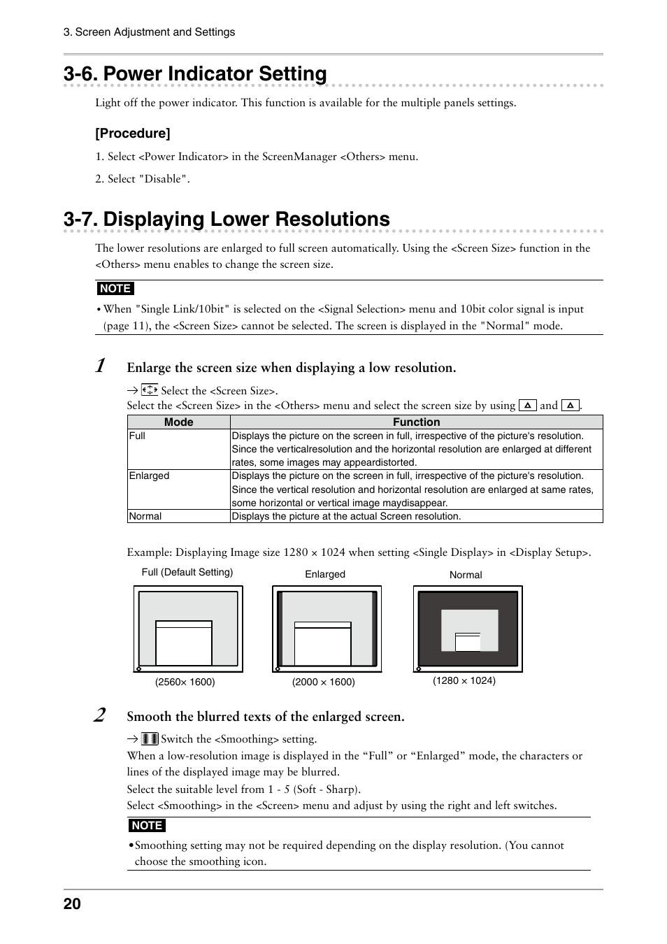 6. power indicator setting, 7. displaying lower resolutions, Power indicator setting | Displaying lower resolutions | Eizo COLOREDGE CG301W User Manual | Page 20 / 33