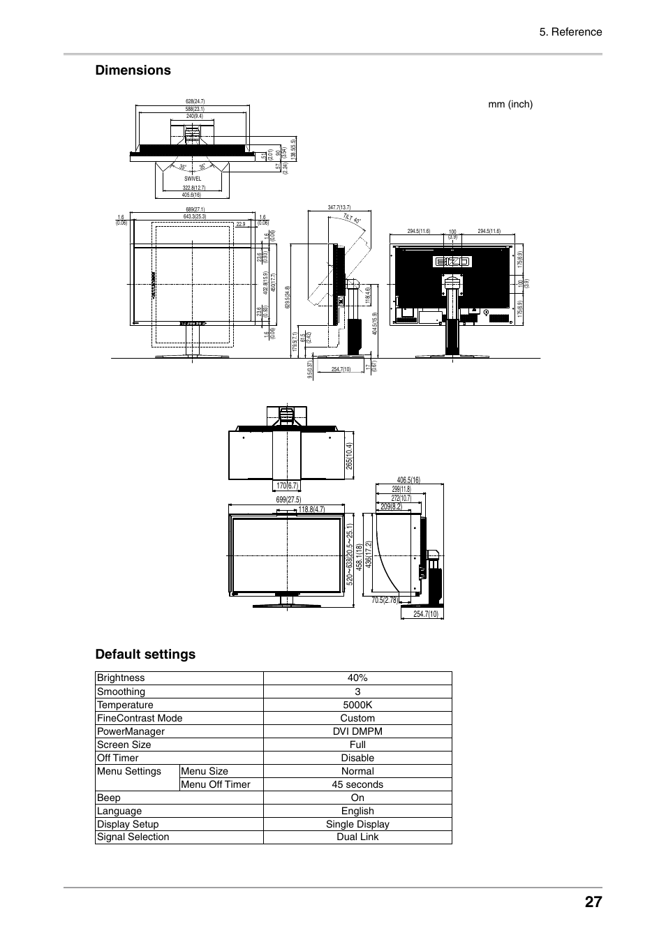 Dimensions, Default settings, Reference | Eizo COLOREDGE CG301W User Manual | Page 27 / 33
