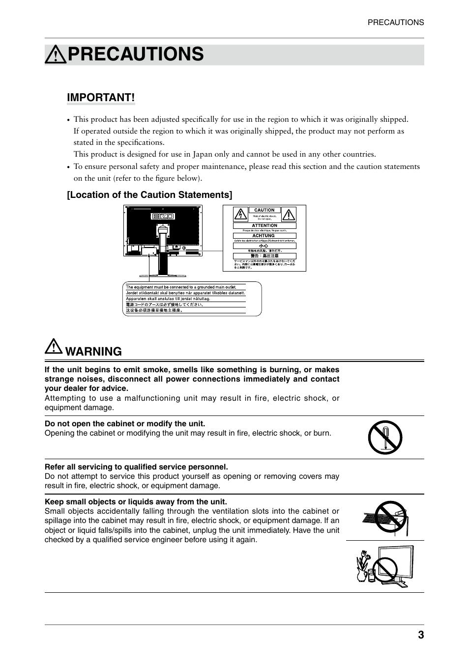 Precautions, Warning | Eizo COLOREDGE CG301W User Manual | Page 3 / 33