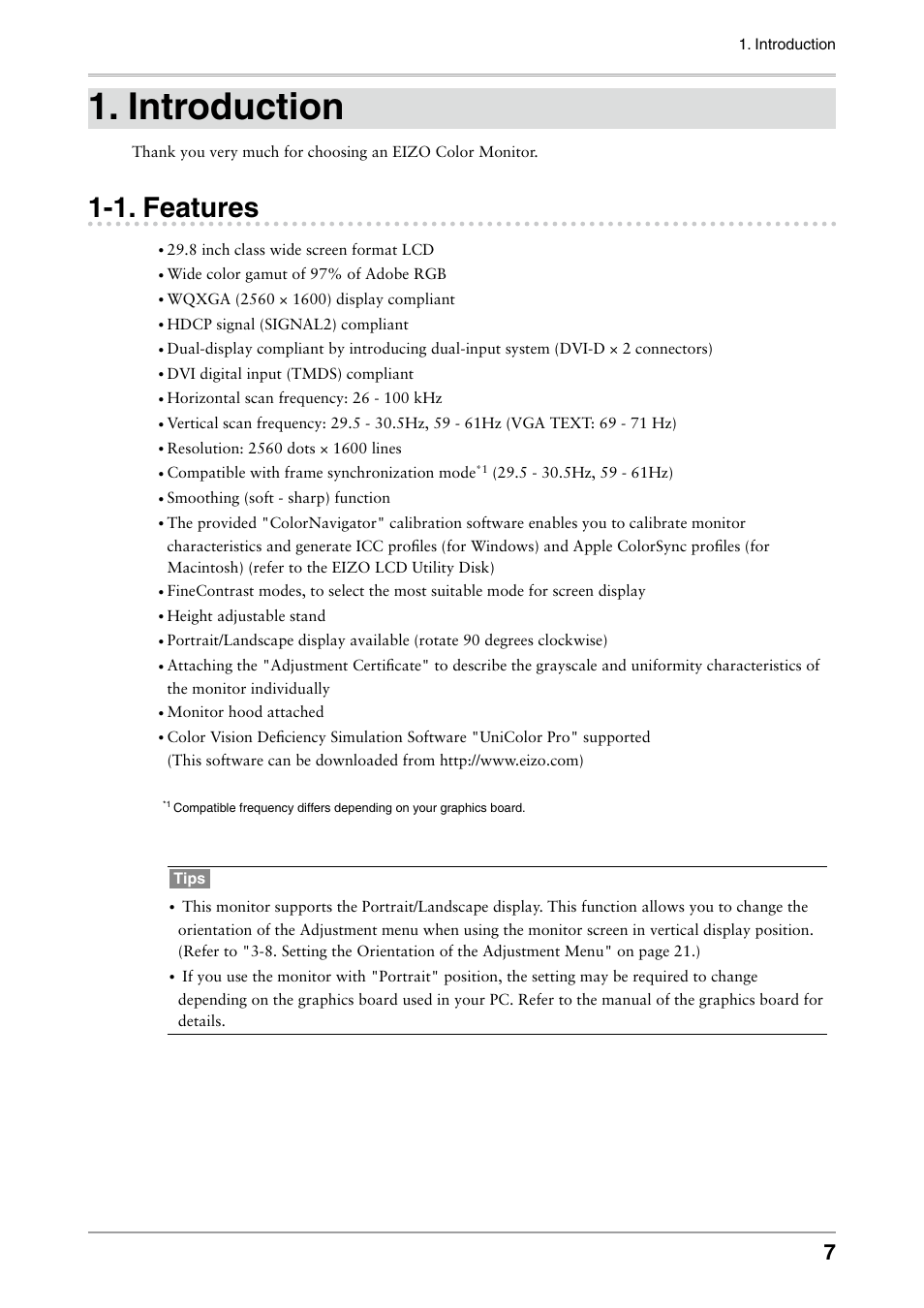 Introduction, 1. features | Eizo COLOREDGE CG301W User Manual | Page 7 / 33
