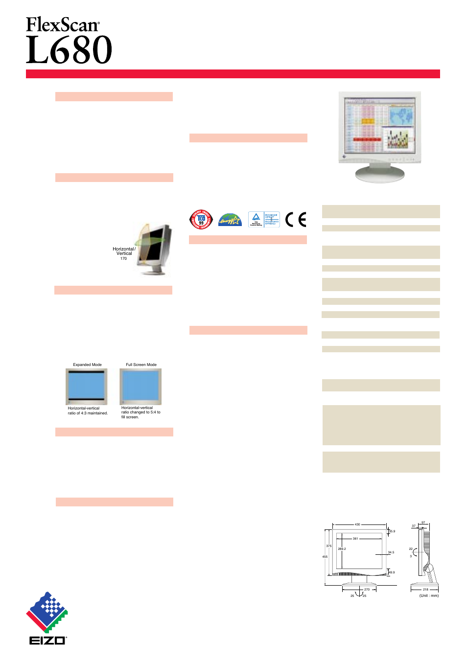 Eizo nanao corporation, Basic specifications wide viewing angles, Program | Eizo FlexScan L680 User Manual | Page 2 / 2