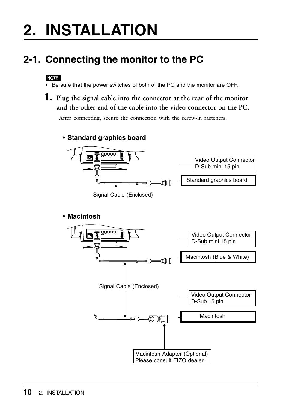 Installation, 1. connecting the monitor to the pc | Eizo T965 User Manual | Page 10 / 35