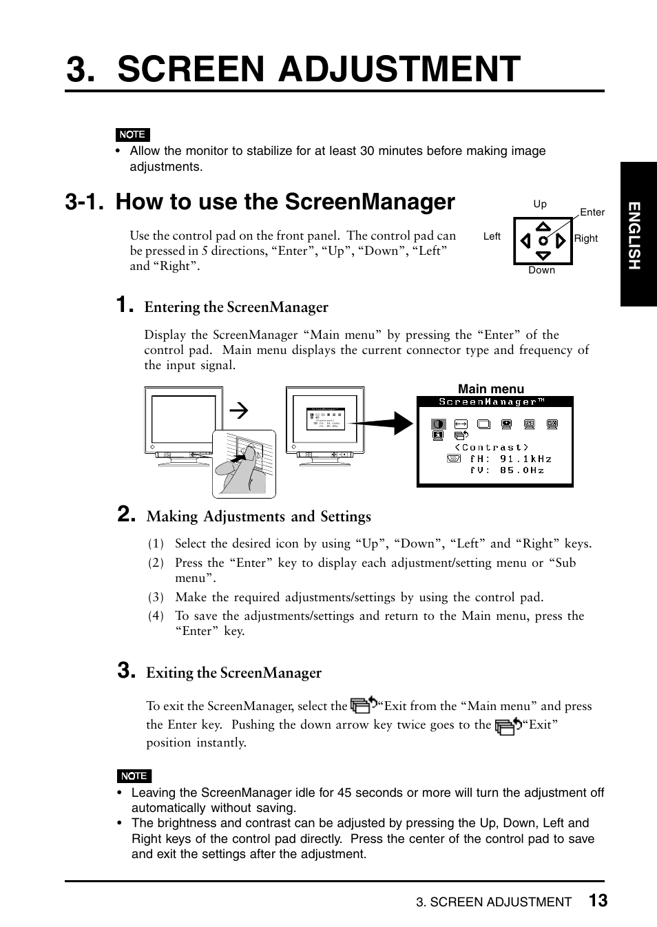 Screen adjustment, 1. how to use the screenmanager 13, 1. how to use the screenmanager | Eizo T965 User Manual | Page 13 / 35