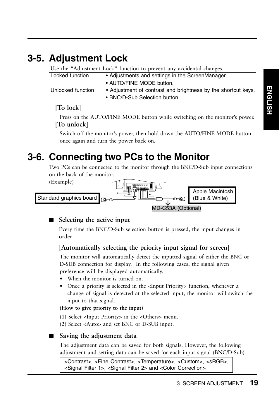 5. adjustment lock, 6. connecting two pcs to the monitor | Eizo T965 User Manual | Page 19 / 35