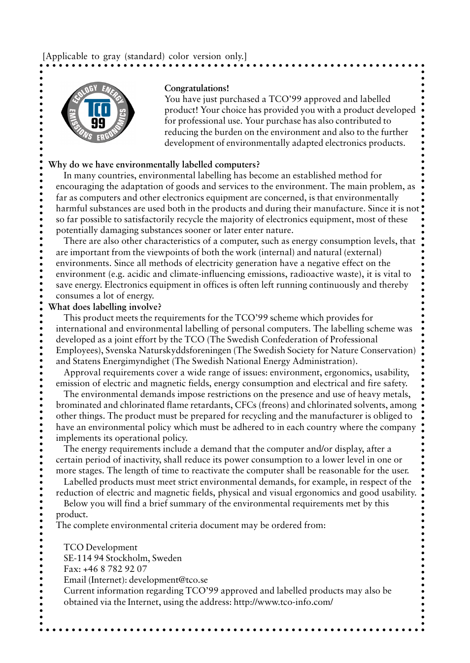 About tco '99 | Eizo T965 User Manual | Page 32 / 35