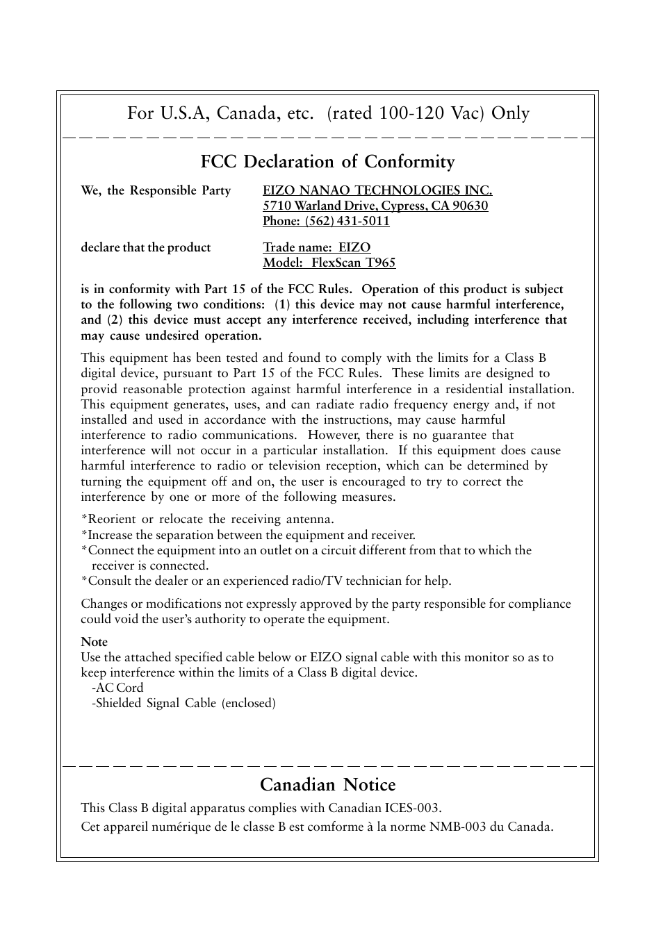 Fcc declaration of conformity, Canadian notice | Eizo T965 User Manual | Page 34 / 35