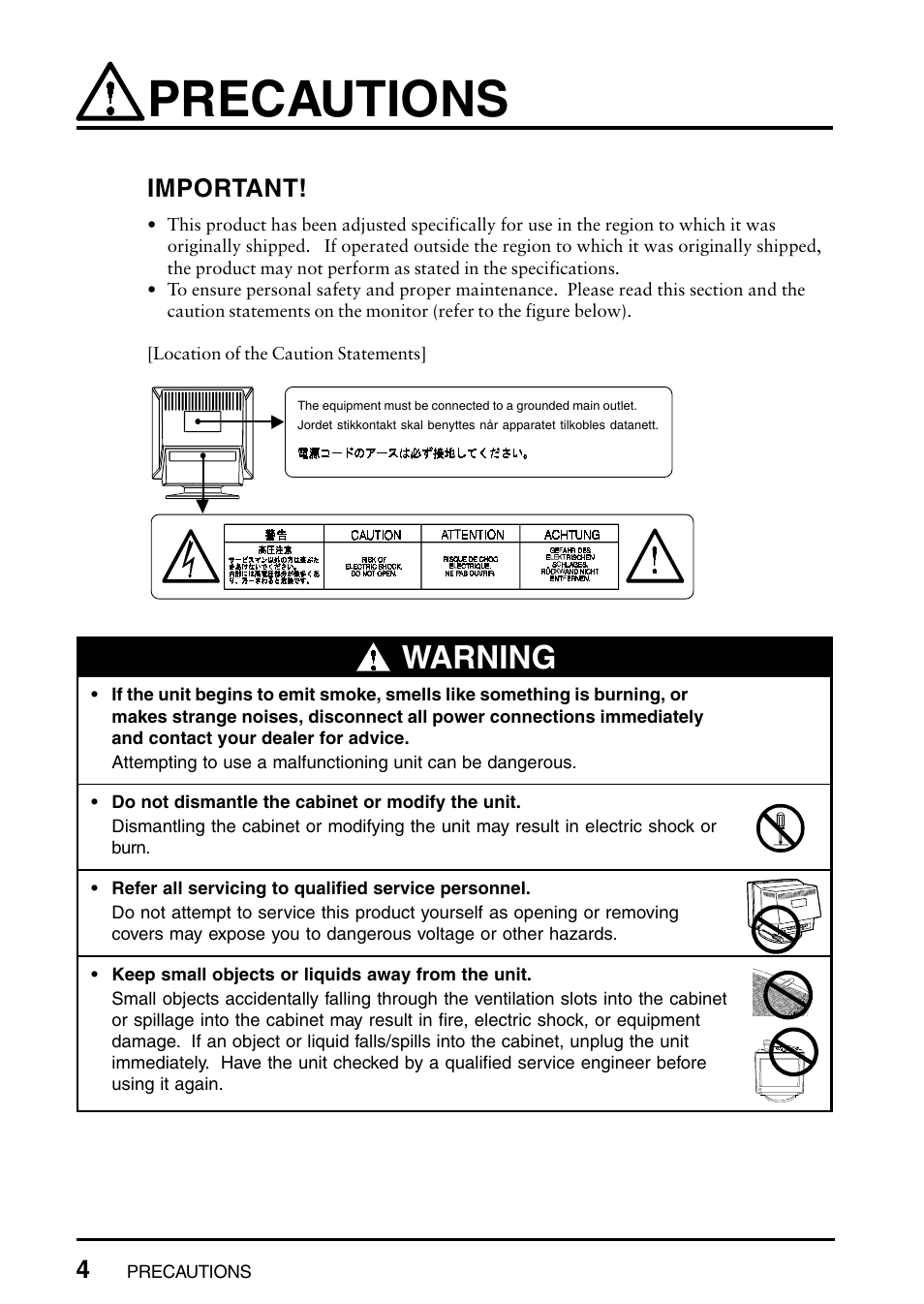 Precautions, Warning, Important | Eizo T965 User Manual | Page 4 / 35