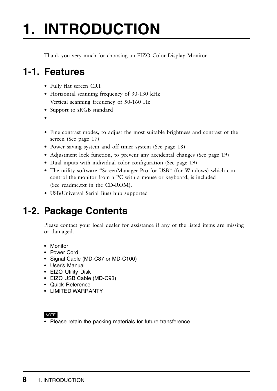 Introduction, 1. features, 2. package contents | Eizo T965 User Manual | Page 8 / 35