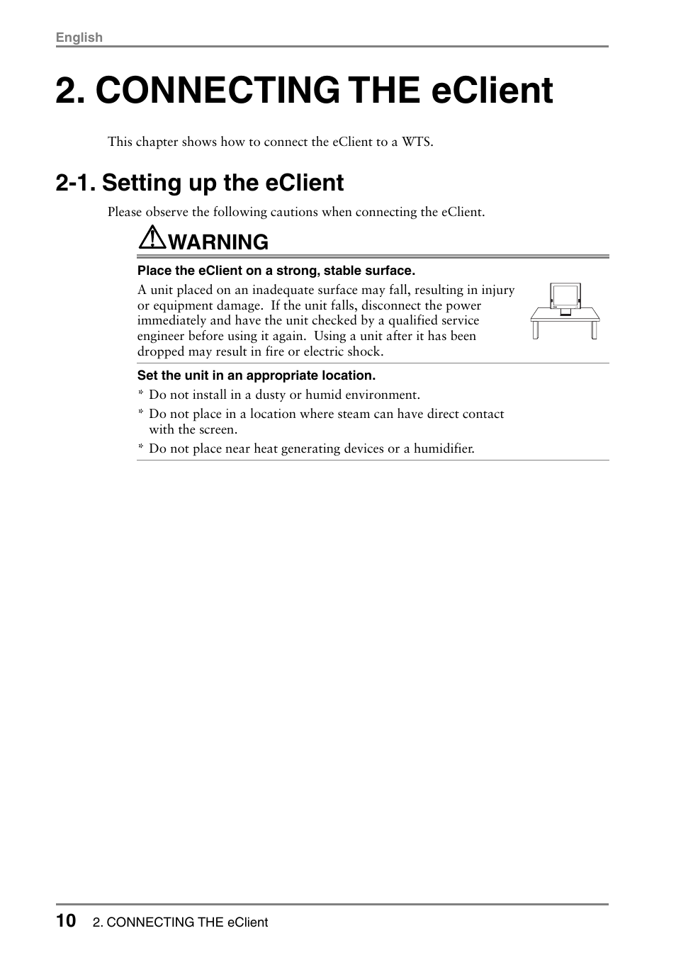 Connecting the eclient, 1. setting up the eclient, Warning | Eizo 531L User Manual | Page 10 / 103
