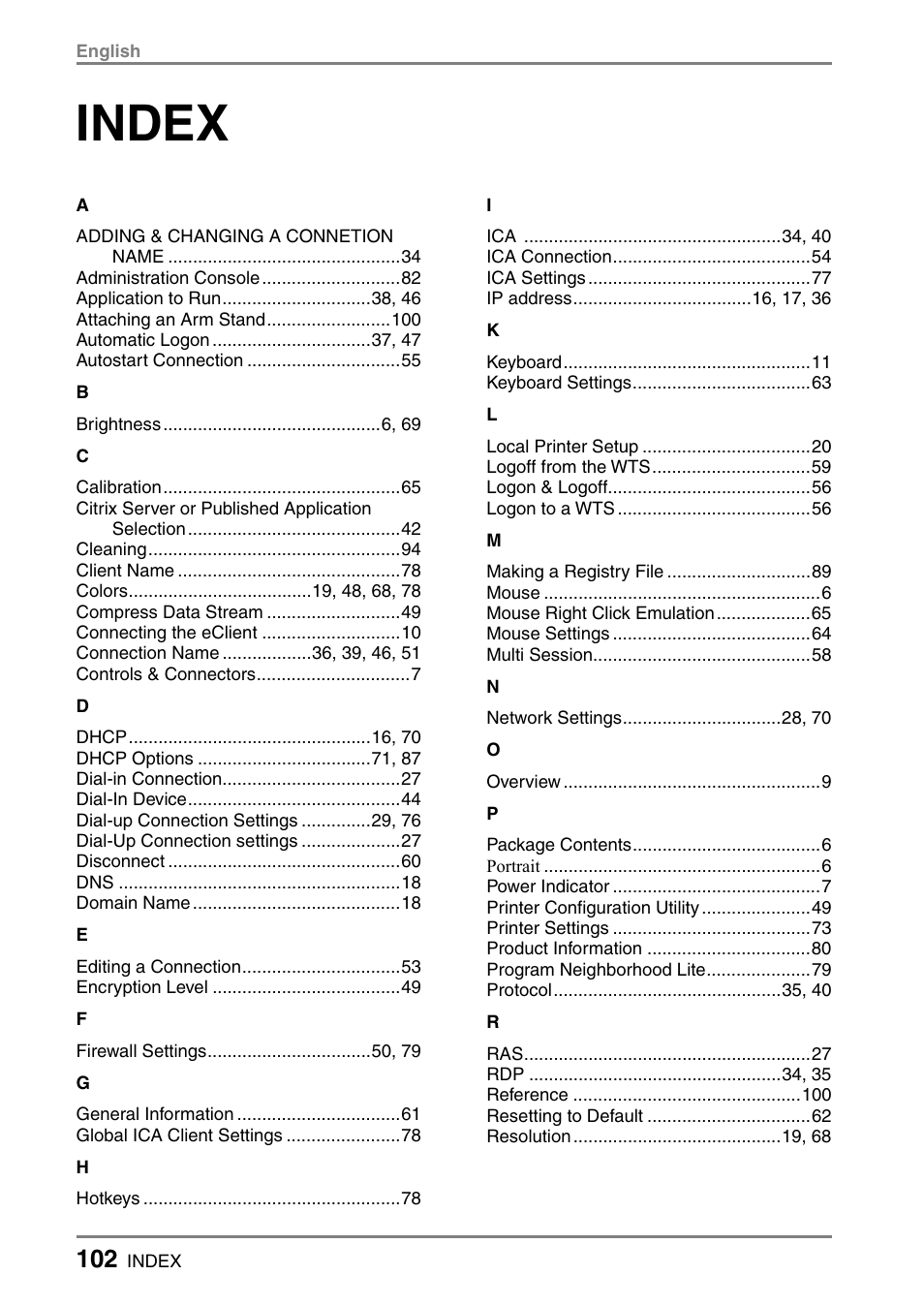 Index | Eizo 531L User Manual | Page 102 / 103