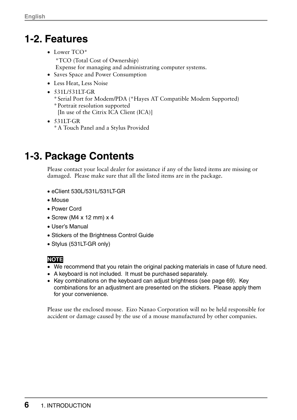 2. features, 3. package contents | Eizo 531L User Manual | Page 6 / 103