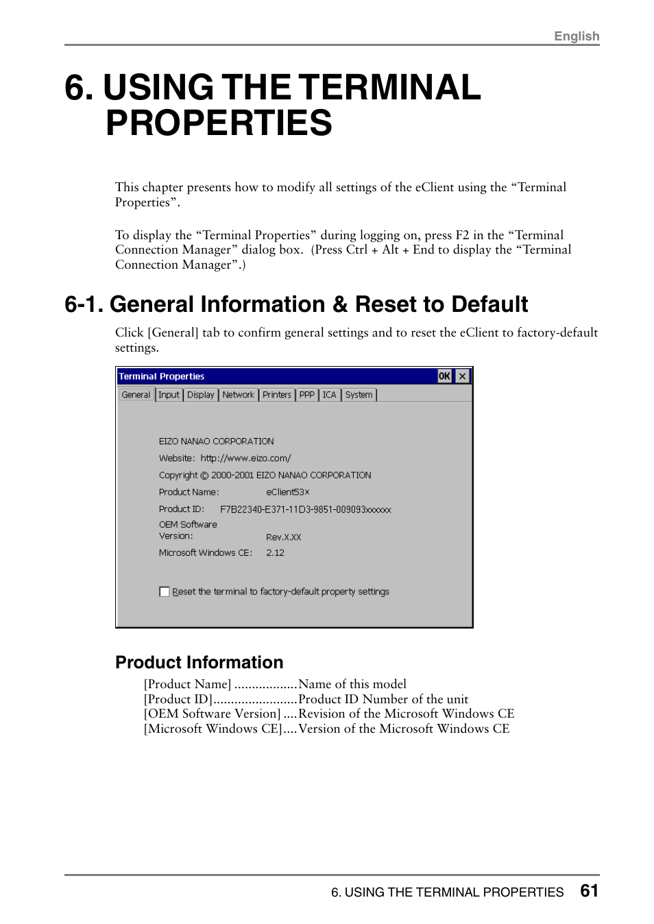 Using the terminal properties, 1. general information & reset to default | Eizo 531L User Manual | Page 61 / 103