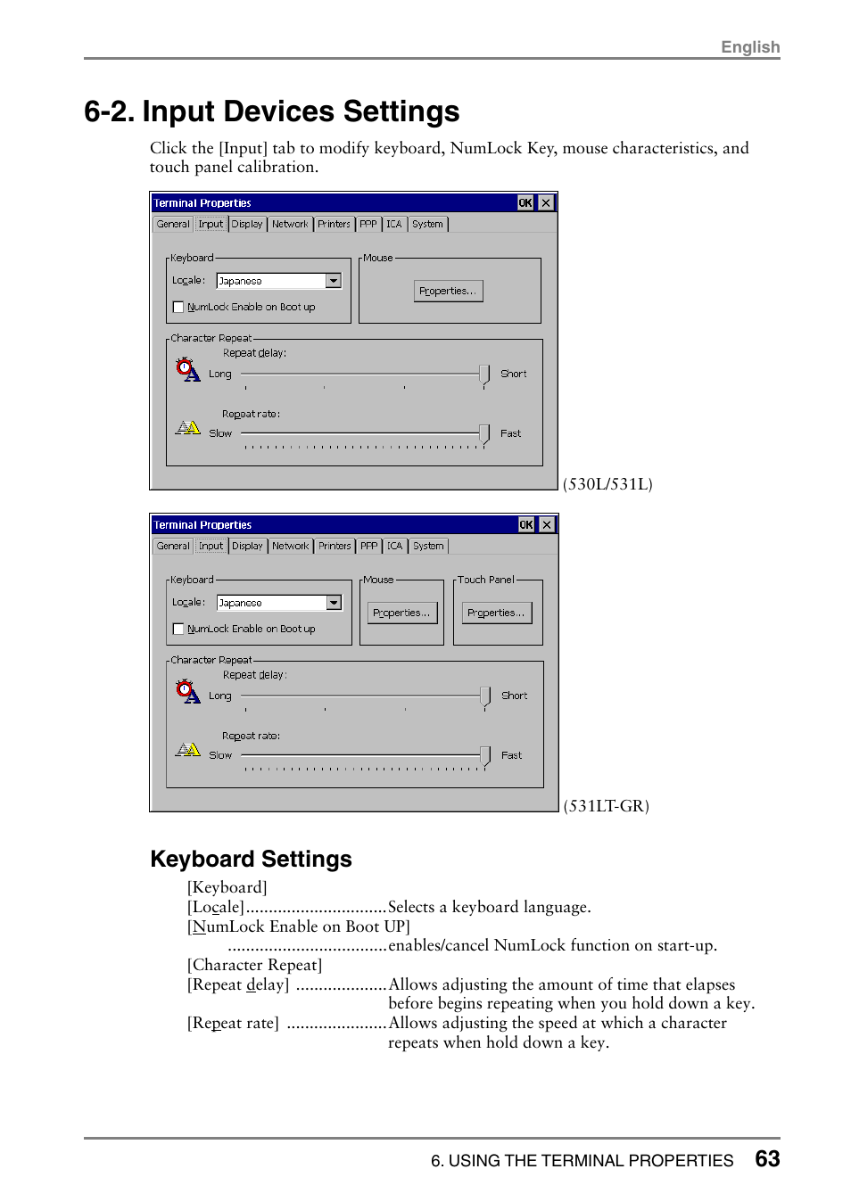 2. input devices settings, Keyboard settings | Eizo 531L User Manual | Page 63 / 103