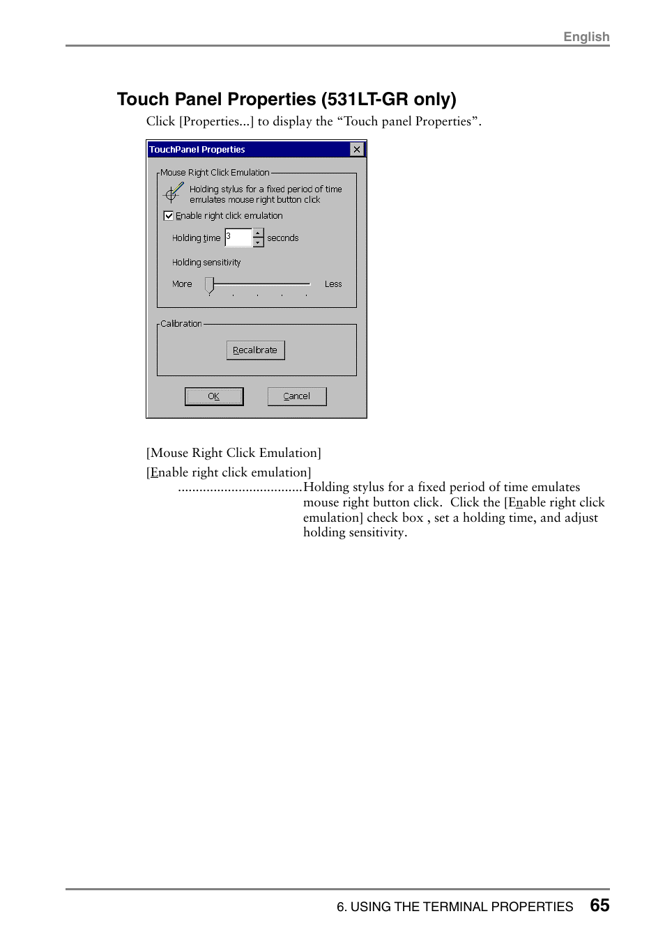 Touch panel properties (531lt-gr only) | Eizo 531L User Manual | Page 65 / 103
