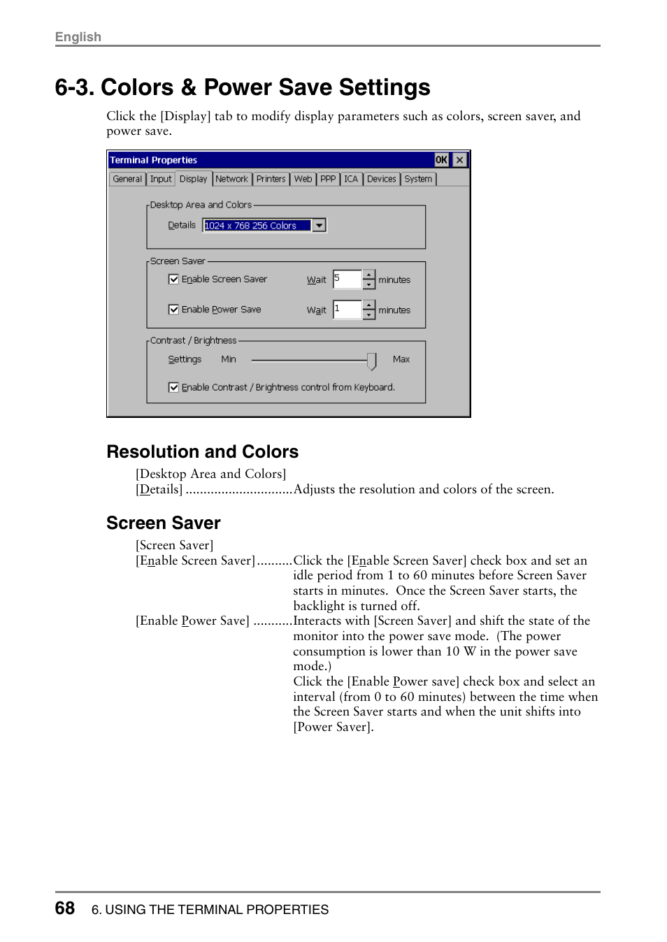 3. colors & power save settings, Resolution and colors, Screen saver | Eizo 531L User Manual | Page 68 / 103