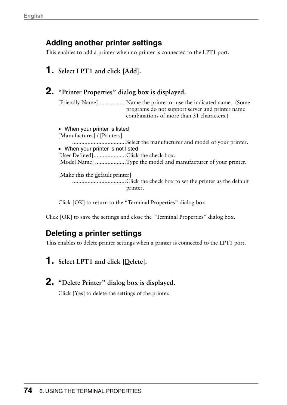 Adding another printer settings, Deleting a printer settings | Eizo 531L User Manual | Page 74 / 103