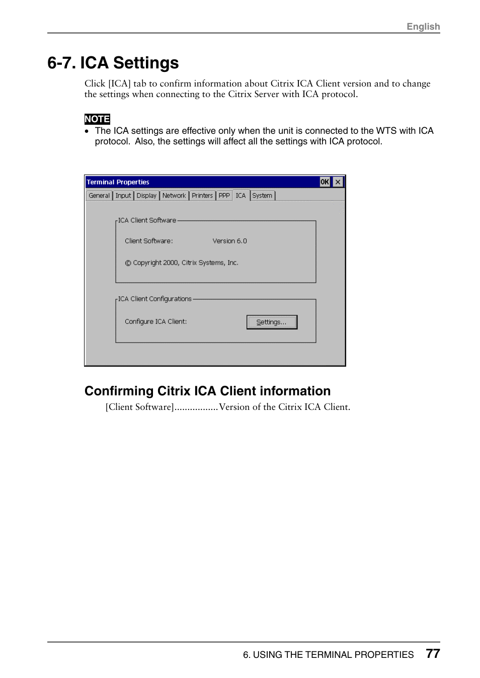 7. ica settings, Confirming citrix ica client information | Eizo 531L User Manual | Page 77 / 103