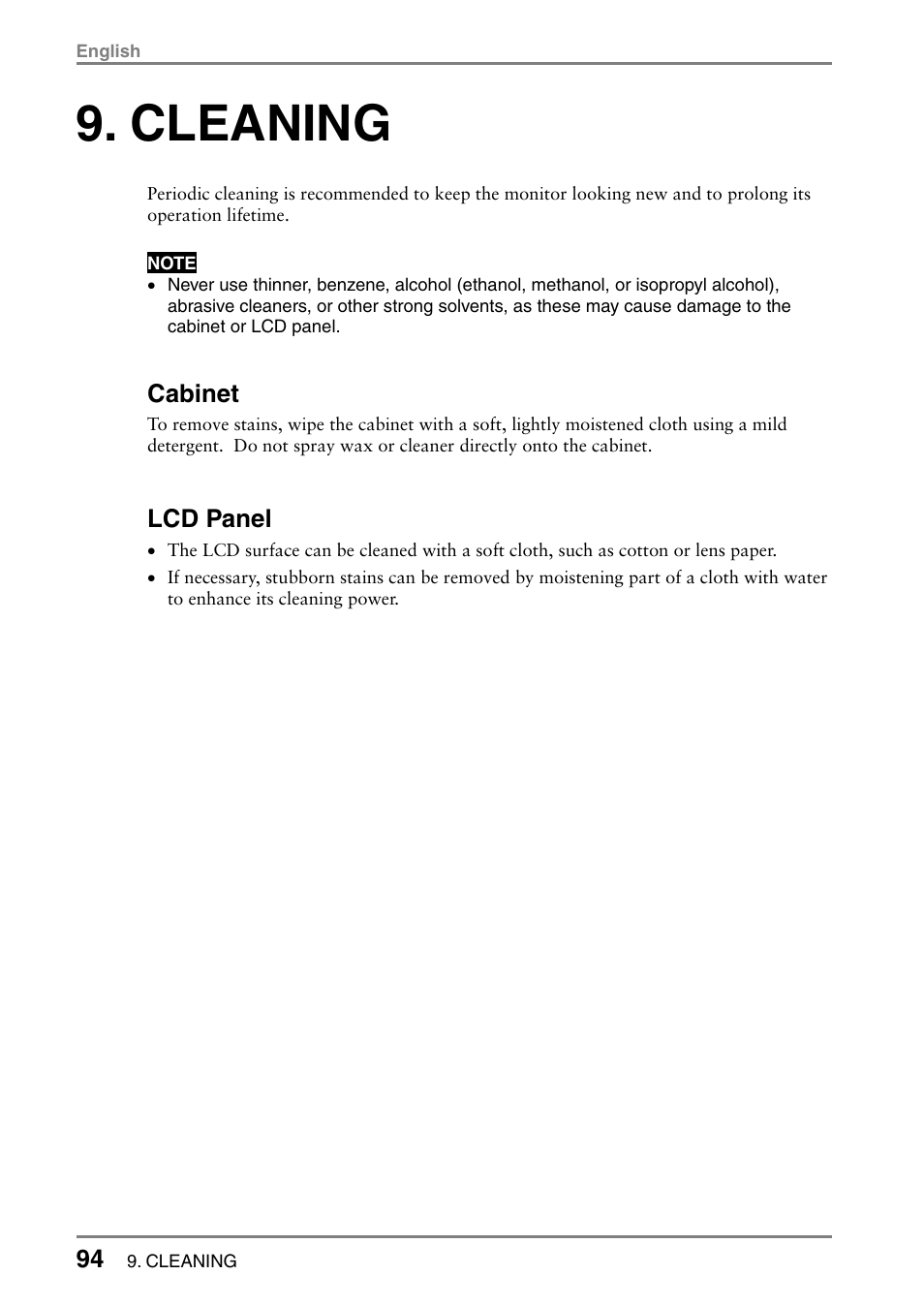 Cleaning, Cabinet, Lcd panel | Eizo 531L User Manual | Page 94 / 103