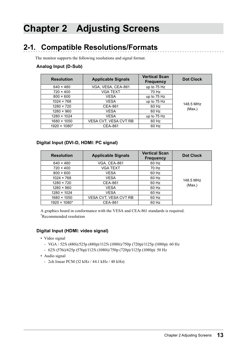 Chapter 2 adjusting screens, 1. compatible resolutions/formats, Analog input (d-sub) | Digital input (dvi-d, hdmi: pc signal), Digital input (hdmi: video signal) | Eizo FORIS FS2331 User Manual | Page 13 / 62