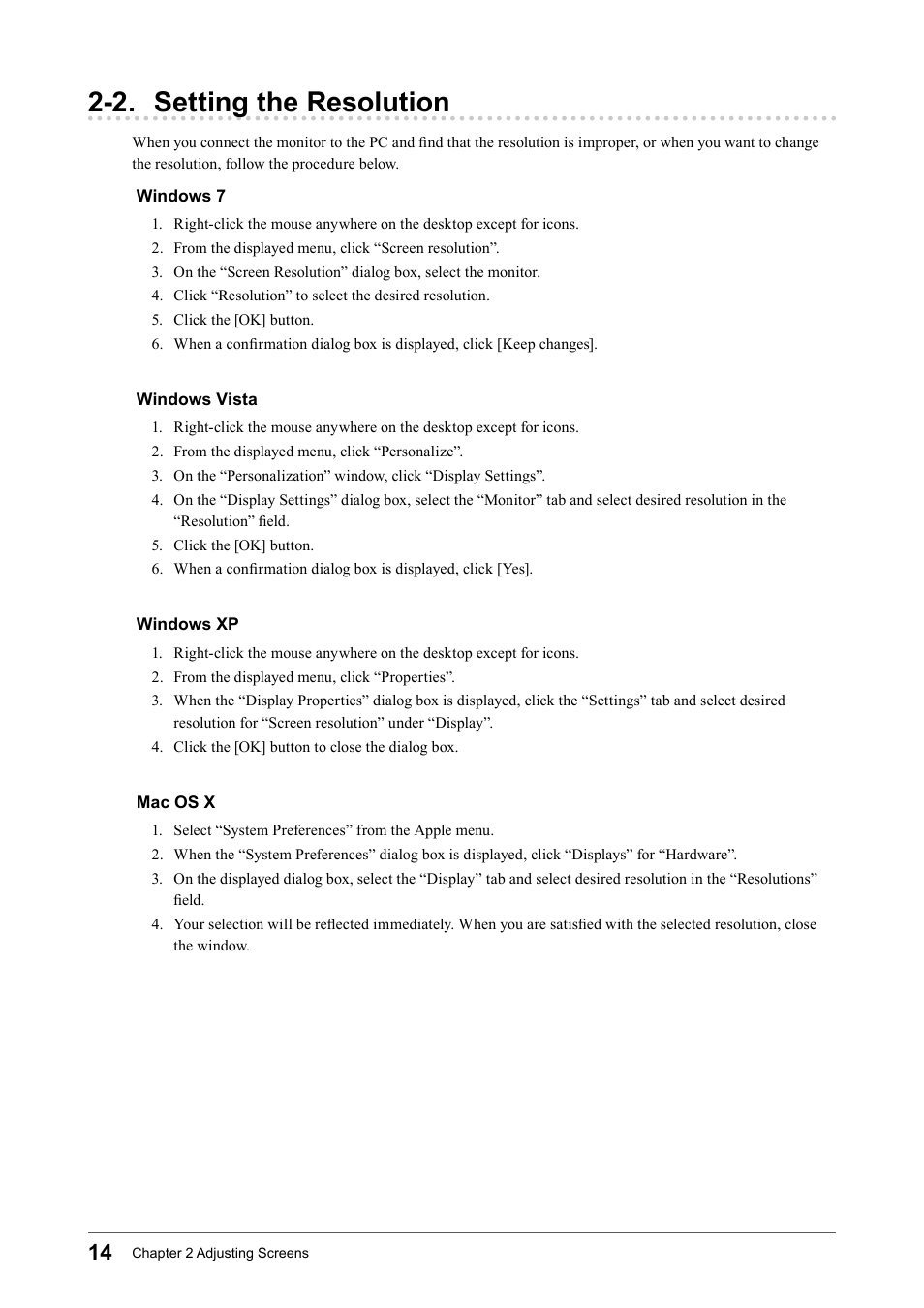 2. setting the resolution, Windows 7, Windows vista | Windows xp, Mac os x, Windows﻿7﻿ windows﻿vista﻿ windows﻿xp mac﻿os﻿x | Eizo FORIS FS2331 User Manual | Page 14 / 62