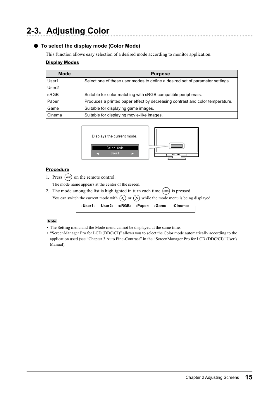 3. adjusting color, To select the display mode (color mode), To﻿select﻿the﻿display﻿mode﻿(color﻿mode) | Eizo FORIS FS2331 User Manual | Page 15 / 62