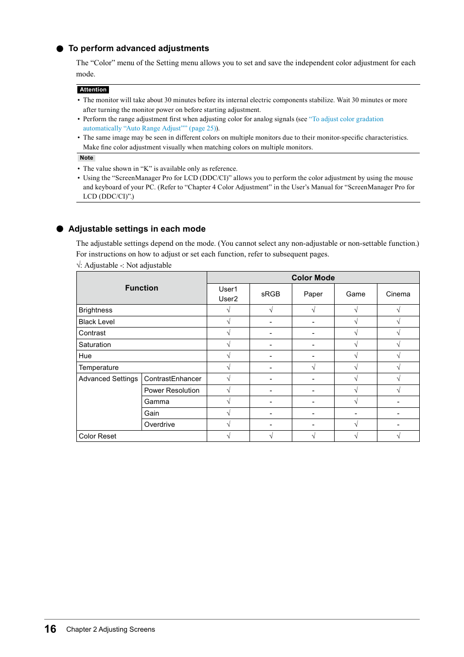 To perform advanced adjustments, Adjustable settings in each mode, To﻿perform﻿advanced﻿adjustments | Adjustable﻿settings﻿in﻿each﻿mode | Eizo FORIS FS2331 User Manual | Page 16 / 62