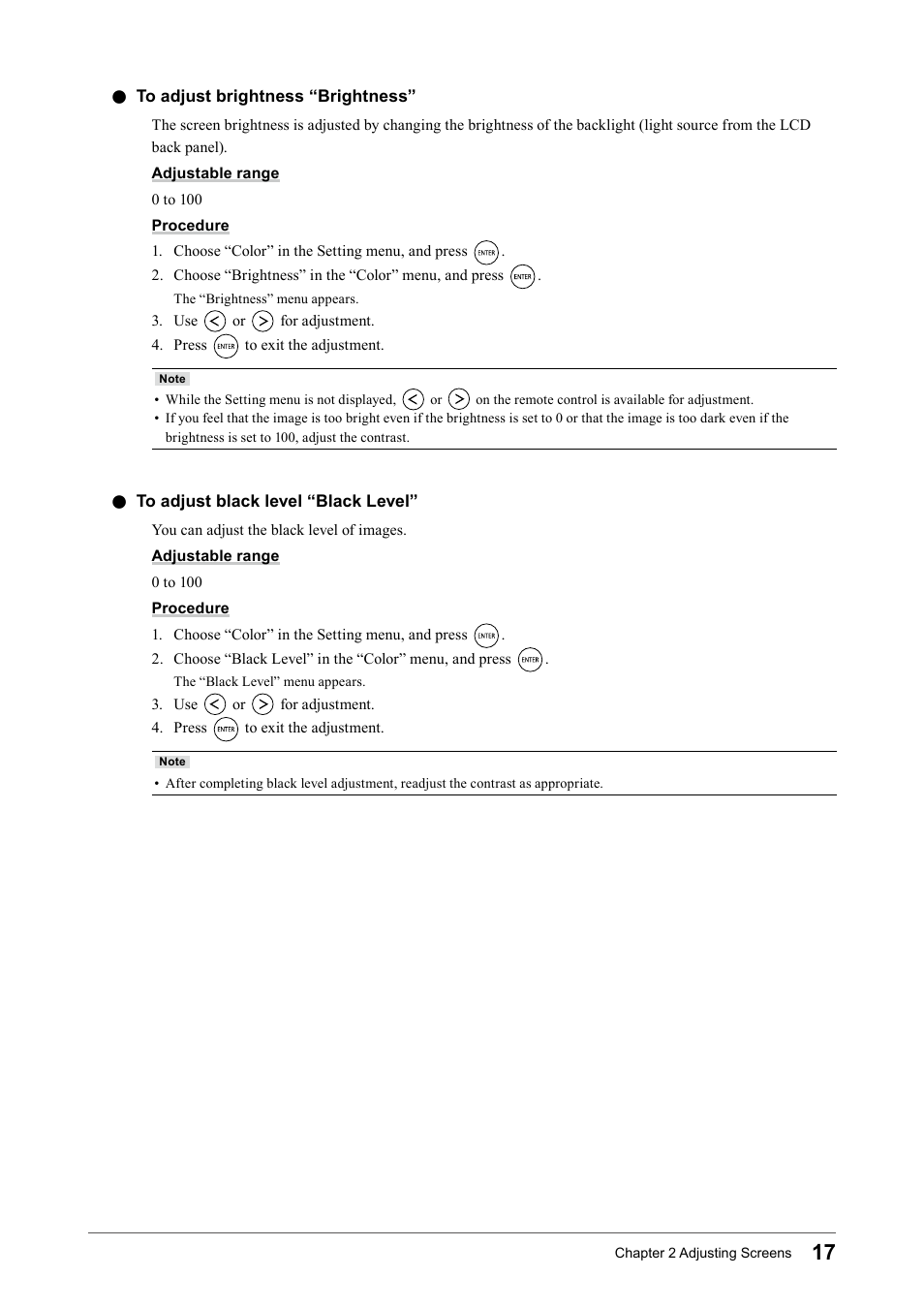 To adjust brightness “brightness, To adjust black level “black level, To﻿adjust﻿brightness﻿“brightness | To﻿adjust﻿black﻿level﻿“black﻿level | Eizo FORIS FS2331 User Manual | Page 17 / 62