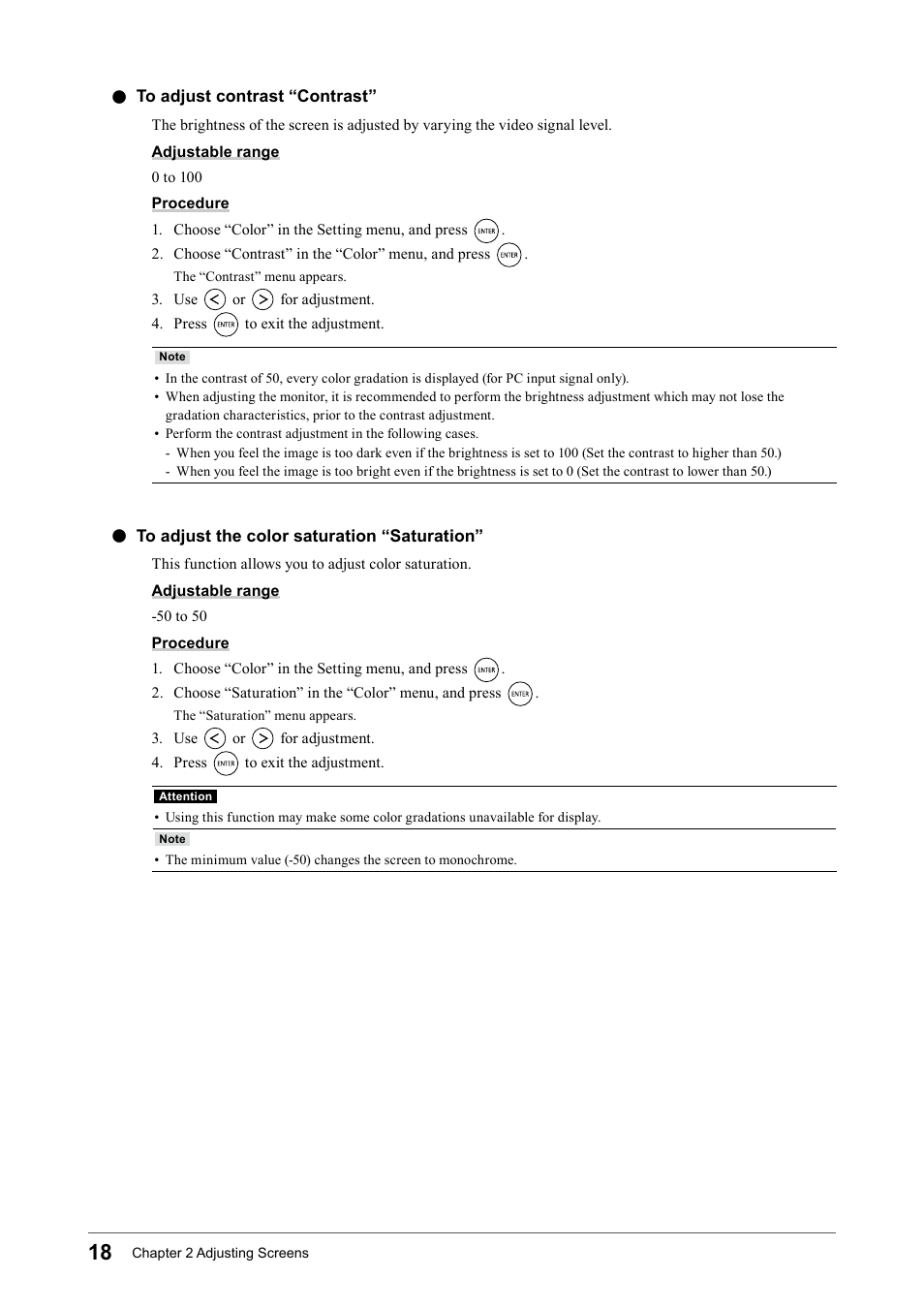 To adjust contrast “contrast, To adjust the color saturation “saturation, To﻿adjust﻿contrast﻿“contrast | To﻿adjust﻿the﻿color﻿saturation﻿“saturation | Eizo FORIS FS2331 User Manual | Page 18 / 62